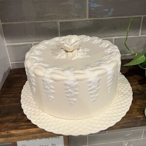 Vtg Large Cream Ivory CAKE PLATE and DOME 12.5" Ceramic Floral PORTUGAL